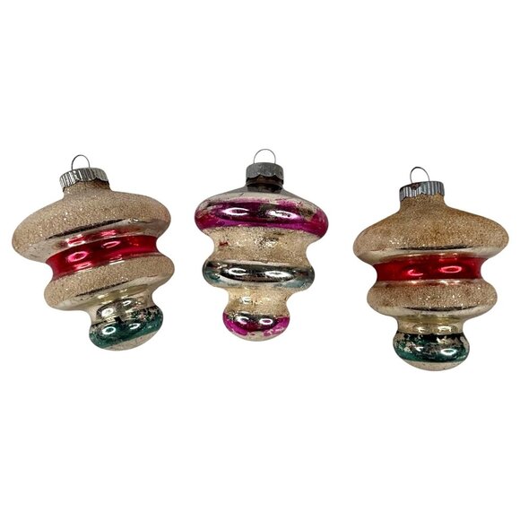 3 VTG Shiny Brite Atomic Glass Christmas Ornaments Set UFO Mushroom Mica Stripe - Picture 3 of 10